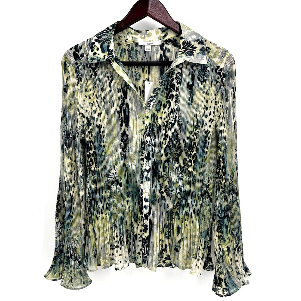 NWT Chicos Womens Size 1 Damask & Animal Print Button Front Blouse Pleated Shirt